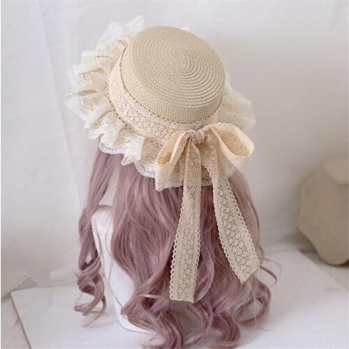 Beige Khaki Straw Hats Women Beach Sun Hat Lolita Kawaii Princess Lace Bow Straw Hat B1832