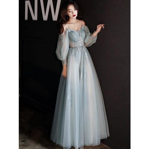 Light Blue Halter Prom Dresses 2021 Sweetheart Lace Applique 3/4 Sleeve A Line Off Shoulder Evening Gowns Sexy Tulle Vestidos
