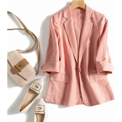 Spring Autumn Women All-match Loose Japanese Style Brief Comfortable Breathable Linen Pink Blazers Coats