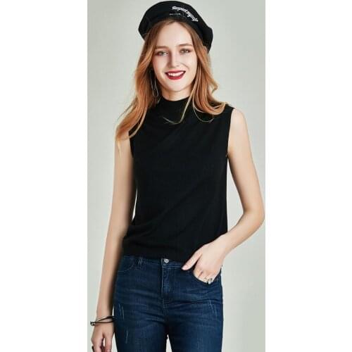 HAVVA spring new arrivals women’s sleeveless half-high collar jumper solid color knitted sweater M5119