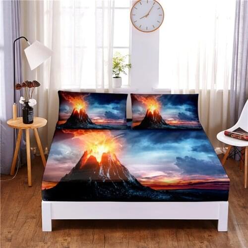 Volcano Digital Printed 3pc Polyester Fitted Sheet Mattress Cover Four Corners with Elastic Band Bed Sheet Pillowcases
