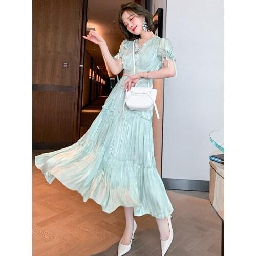 Top Quality Glossy V-neck Summer dress with lace up cuffs