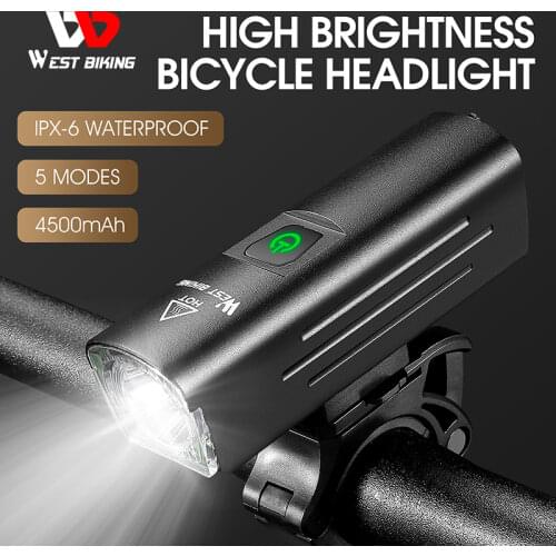 WEST BIKING 1300 Lumen Cycling Light USB Rechargeable Lamp 4500mAh 6 Modes LED Flashlight Aluminum Ultralight MTB Bicycle Lights