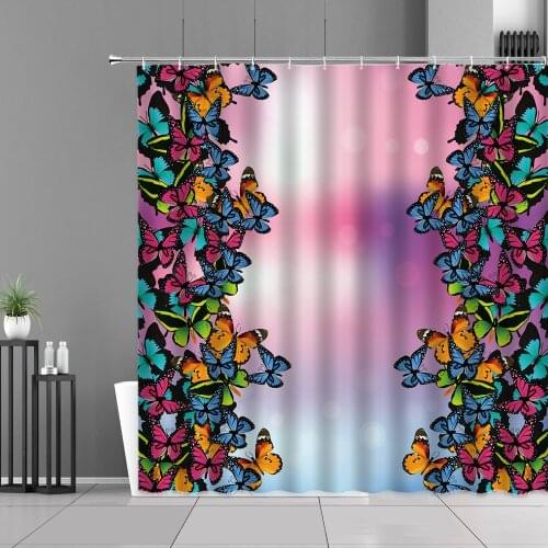 Colored Butterfly Shower Curtains Printing Insect Bath Curtain Set Bathroom Bathtub Decor Waterproof Polyester Cloth With Hooks