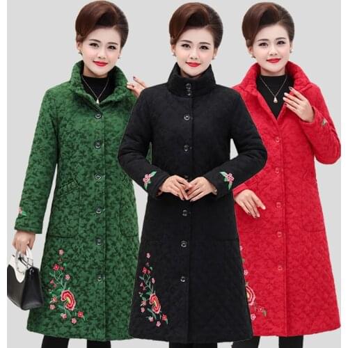 Women Vintage Winter Jacket Plus Size 5XL Cotton Padded Women Winter Coat Female embroidered Jacket Stand Collar Long Parka