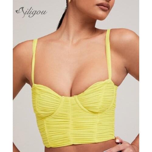 Ailigou 2021 New Summer Womens Fashion Yellow Draped Lace Short Top Sexy Spaghetti Strap Sleeveless Club Party Outer Ladies Top
