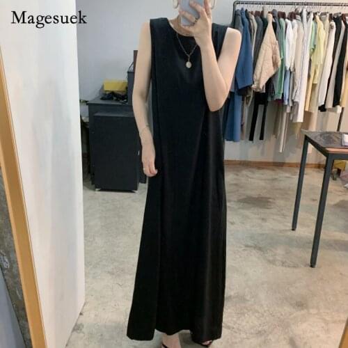 2021 Cotton Solid O-Neck Sleeveless Dress Vintage Summer Women Long Dress for Women Casual Office Lady Loose Dress Vestido 14481