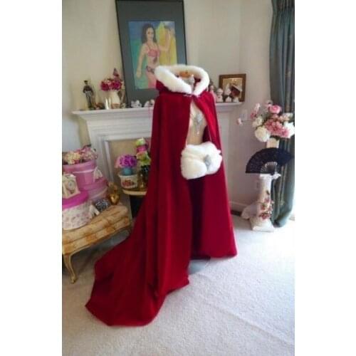 Winter Hooded Cape Faux Fur Satin Bridal Cloaks wedding jacket Long Cape Coat
