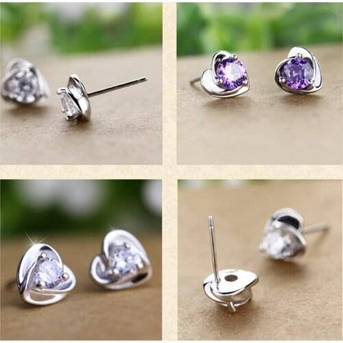 100% Genuine 925 Sterling Silver Woman Earring Elegant Purple CZ Heart Stud Earrings Antiallergic Fashion Jewelry