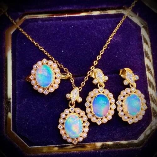 100% Natural and Real Opal jewelry set Natural And Real Opal 925 sterling silver 1pc pendant,1pc ring,2pcs Earring