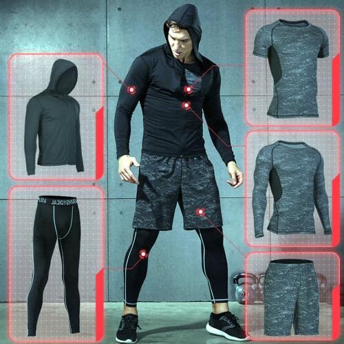5Pcs/Set Mens Running Tracksuit Sports Suit Gym Fitness Compression Clothes Running Jogging Sport Wear Exercise Workout Tights