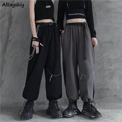 Pants Women Cargo Harajuku with Chains Streetwear Summer New Korean Style Casual Loose Elastic Waist Solid Cool Girls Friends