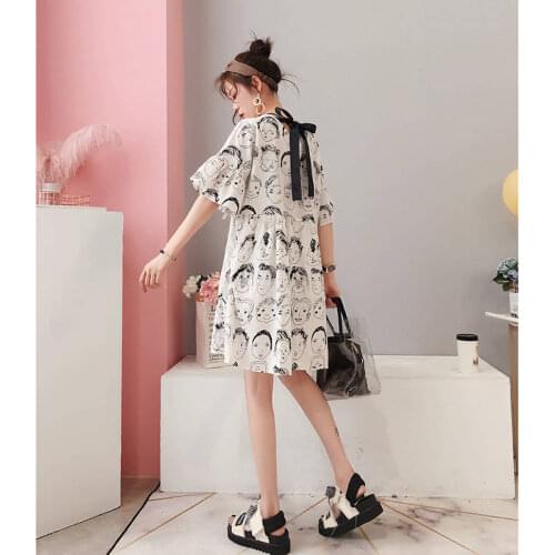 Girls Elegant Cartoon Print Dress short sleeve O neck female casual fashion chic woman dresses vestidos Harajuku Kawaii Dress