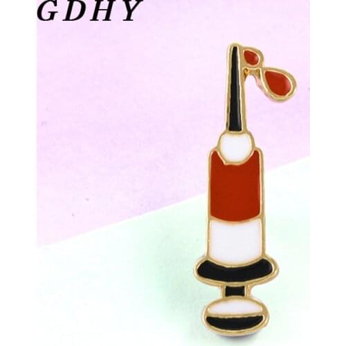 GDHY New Cartoon injection Syringe brooch red Syringe Medical Enamel pins Doctor Nurse syringe badge jewelry Broche Bijoux