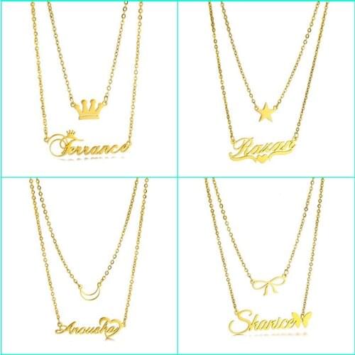 Custom Fashion Stainless Steel Double Layer Name Necklaces for Women Personalized Customized Gold Crown Pendant Necklace Jewelry