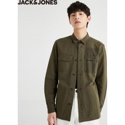 JackJones Mens 100% Cotton Cargo Pure Color Casual Letter Pattern Long-sleeved Shirt | 220305008