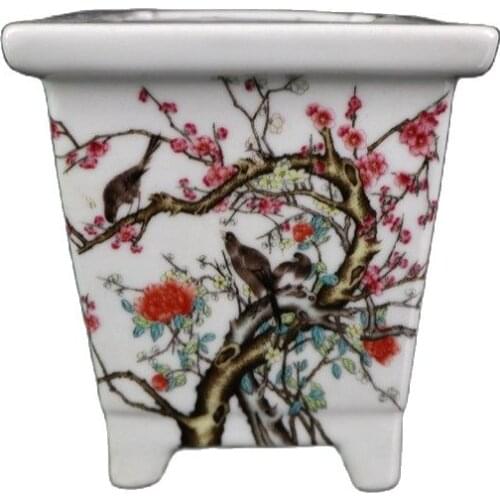 Chinese Old Porcelain Pink Flower And Bird Pattern Square Flowerpot