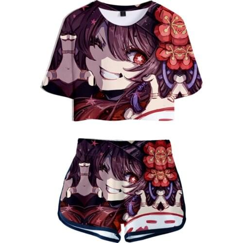Hot Game Genshin Impact Hu Tao 3D Print Two Piece Sets Summer Women Girl T-shirt + Shorts Set Classic Harajuku Regular Clothing