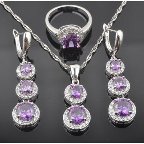 FAHOYO Natural Purple Crystal White CZ Womens Silver Color Jewelry Sets Earrings Pendant Necklace Rings QZ0489