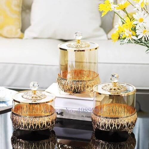 Creativity Golden Metal Glass Candy Jar Storage Tank Desktop Decoration Display Organization Modern Home Decoration Suger Jar
