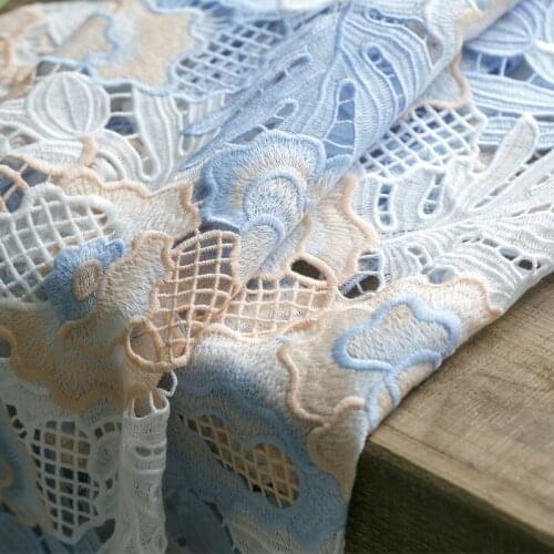 0.5Meters 125cm wide Precision embroidery water soluble lace fabric blue and white embroidery fabric dress cheongsam fabric X970