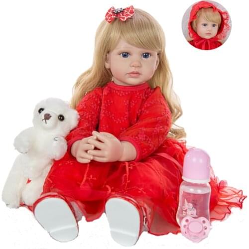 Baby Reborn Doll Blonde Girl Long Hair Princess Dress Red Blue Eyes Silicone Body