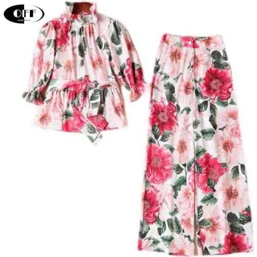 Designer Summer 2 Pieces Set Runway Fashion Ruffles 3/4 Sleeve Blouse Full-Lenght Pants Rose Flower tops Set tops trousers suits