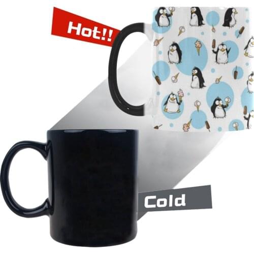 Cute Cartoon Penguin Morphing Mug Heat Sensitive Color Changing Coffee Mug Cup Funny Blue White Polka Dot Birds Sea Animal Ice