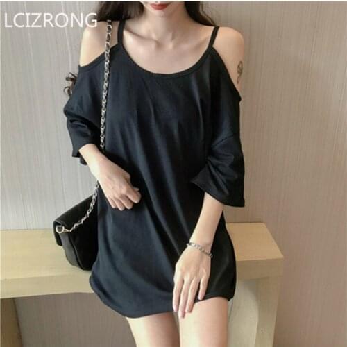 Fashion Off Shoulder Long TShirt Women Casual Loose Spaghetti Strap Lady Tops Solid Comfortable O-neck Woman T shirts Party
