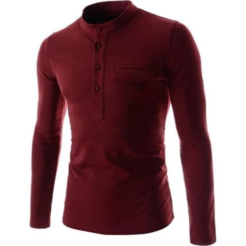 T-Shirts Casual Men Solid Color Long Sleeve Stand Collar Buttons Shirt Bottoming Top