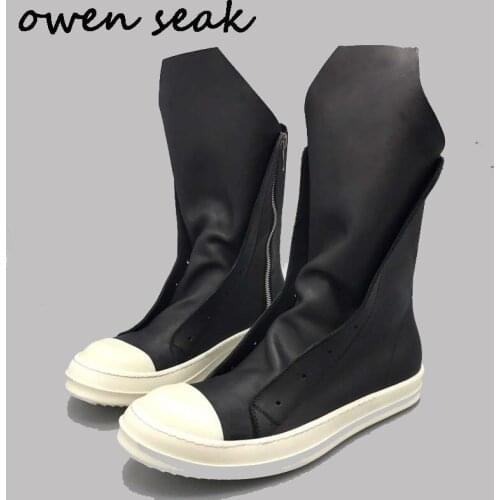 2018 Owen Seak Men Shoes High-TOP Boots Luxury Trainers Genuine Leather Winter Snow Boots Casual Lace-up Zip Flats Black Sneaker