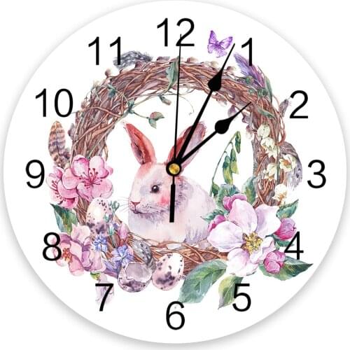 Easter Spring Watercolor Flowers Bunny Print Wall Clock Wall Art Silent Non ticking Round Wall Watch for Home Decortaion Gift