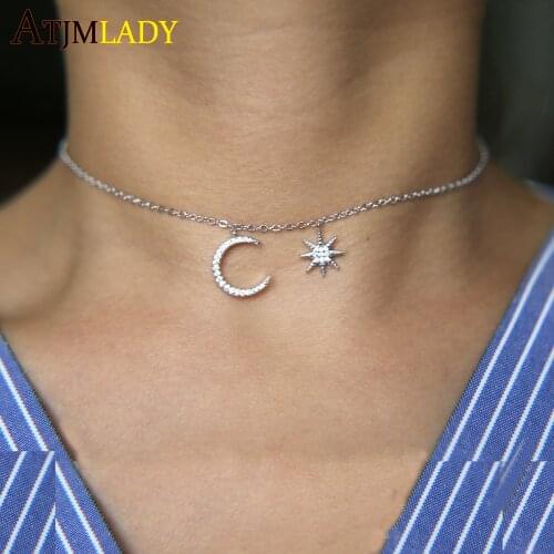 Valentines Day gift AAA+ sparking cubic zirconia mix 3 color cz moon star charm 33+7cm women danity chain choker necklace