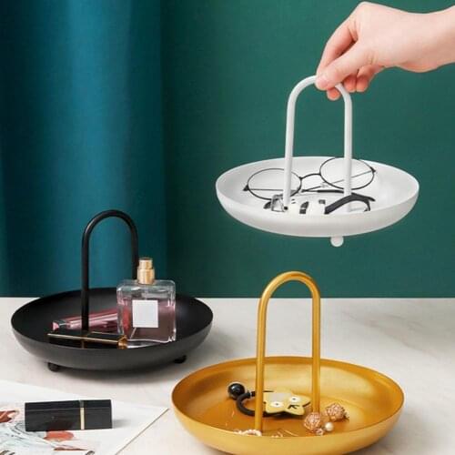 Storage Tray Round Shape Desktop Decor Iron Jewelry Cosmetics Snack Container for Home