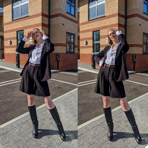 Casual Young Girl Summer Suits Black Loose Pocket Blazer Streetwear Chic Daily Shorts Jacket 2 Pieces Set