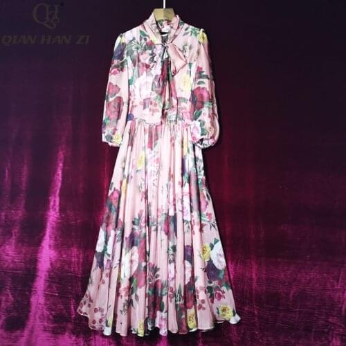 Qian Han Zi 2020 Fashion Designer Summer Dress Womens bow collar Flower Print Elegant Slim Chiffon Beach dress vestidos
