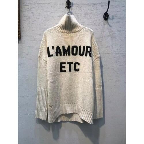 KHAKI Turtle Neck High Oversized WOOL Sweater Front letter Embroidery Jacquard Drop Shoulder Long Sleeves Jumper 2021