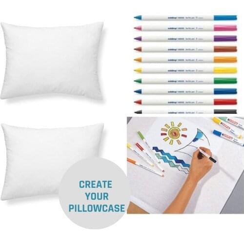 Create your own pillowcases, set has 2 pieces of white pillowcases size 65x65 cm with 20 cm flap and 10 textile pen 100% cotton