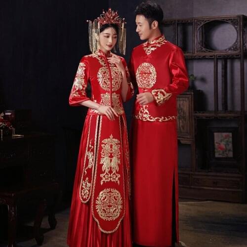 Chinese Traditional Style Wedding Dress Embroidery Phoenix Banquet Costume Classic Cheongsam China Qipao костюм для восточных