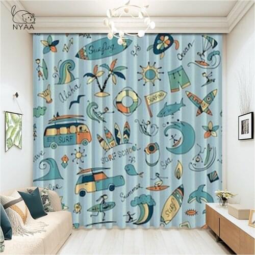 Vintage Summer Curtain For Bathroom Retro Bus Camper Window Valances For Living Room Surfboard White Curtain Micro Shading