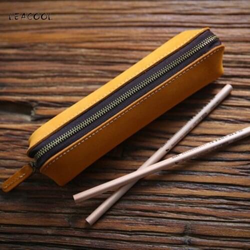 LEACOOL Vintage Handmade Genuine Leather Pen Bag Cowhide Zipper Men Mens Women Children Long Pencil Bags Case Holder
