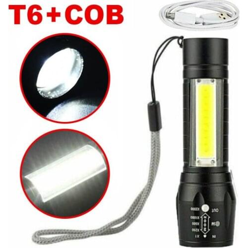 Waterproof Portable T6 COB LED Flashlight Tactical USB Rechargeable Camping Lantern Zoomable Focus Torch Night Night Lamp 3 Mode