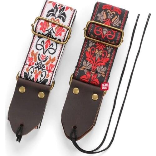 Embroidered Guitar Strap, Leather Head, Bass Strap, Thickened and Widened Folk Electric Guitar Accessories