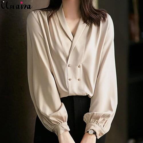 Unaiza 2021 Ladies Shirt Tops Versatile Double-Breasted Shirts Pullover Long Sleeve Loose V-neck Solid Color New Fashion Shirt