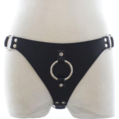 Women Leather Panties G String Thong Sexy Lingerie Chastity Belt Female Chastity Shorts with Penis Cock Ring Lesbian Adult Games