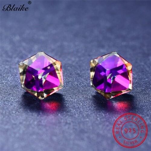 Blaike Real 925 Sterling Silver Square Rainbow Crystal Stud Earrings For Women Mystic Fire Topaz Earrings Gradient Color Jewelry