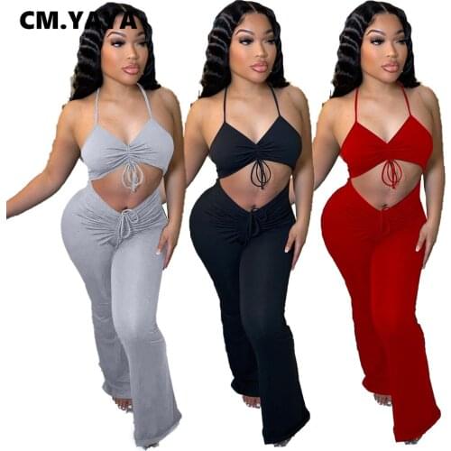 CM.YAYA Women Jumpsuits Solid Sleeveless Spaghetti Strap Halter Hollow Out Skinny Elastic Jumpsuit Sexy One Piece Set Summer