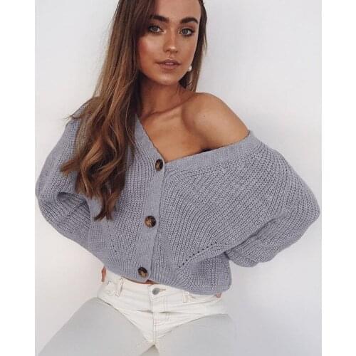 Women Solid Cardigans Autumn Casual Batwing Sleeve Knitted Sweater Fashion Oversize V-Neck Button Female Knitwear Outwear