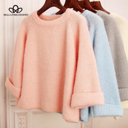 Bella philosophy 2019 autumn solid o-neck women elegant sweater ladies casual long sleeve pullover female loose winter jumper