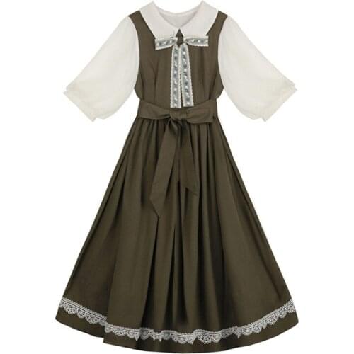 Forest Mori Girl Cottage Style Women Lace Patchwork BigSwing Dress with Middle Sleeve Doll Collar College Lolita Soft Girl Dress